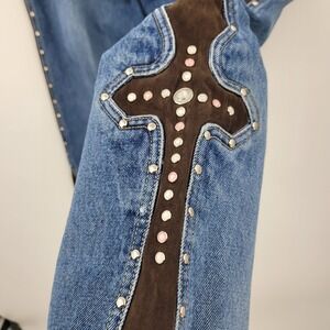 Vtg LawMan Western Rodeo Cowgirl Jeans Faux Suede Studded Cross Flat Back Sz 7